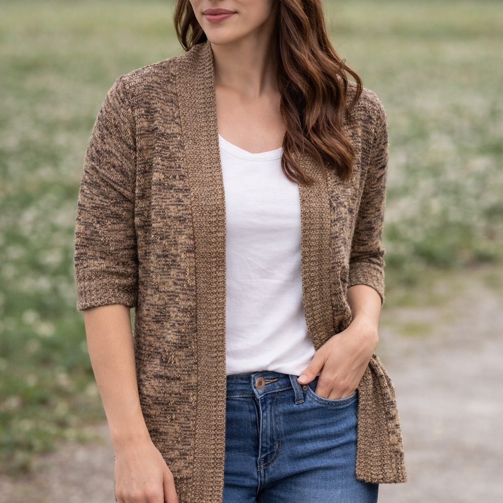 Christopher & Banks Marled‎ Knit Open Cardigan Brown Tan Size M